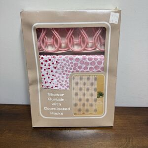 Vintage Shower Curtain w Hooks Red Pink Dots On White NOS TV Prop Abstract Print